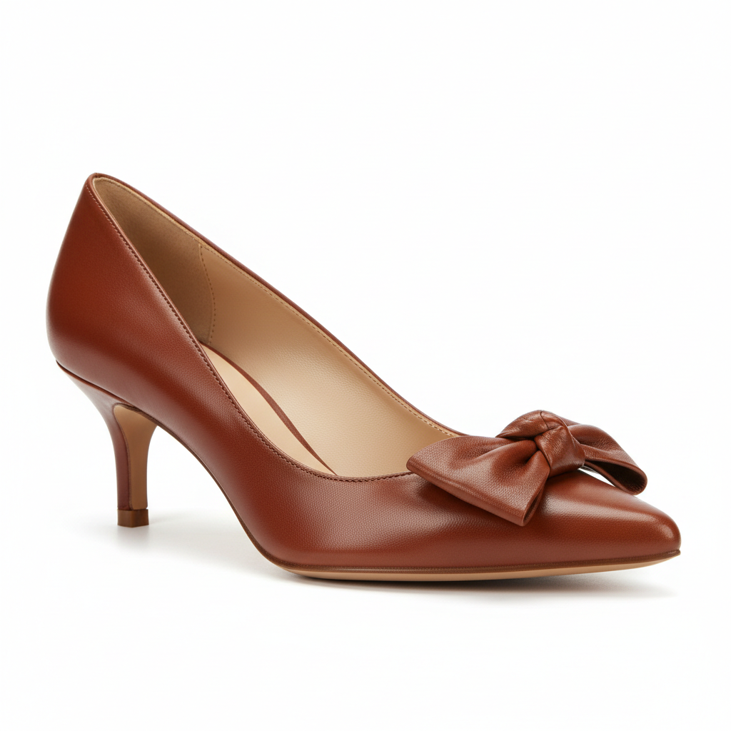 Bow-Detail Leather Kitten Heel Pump
