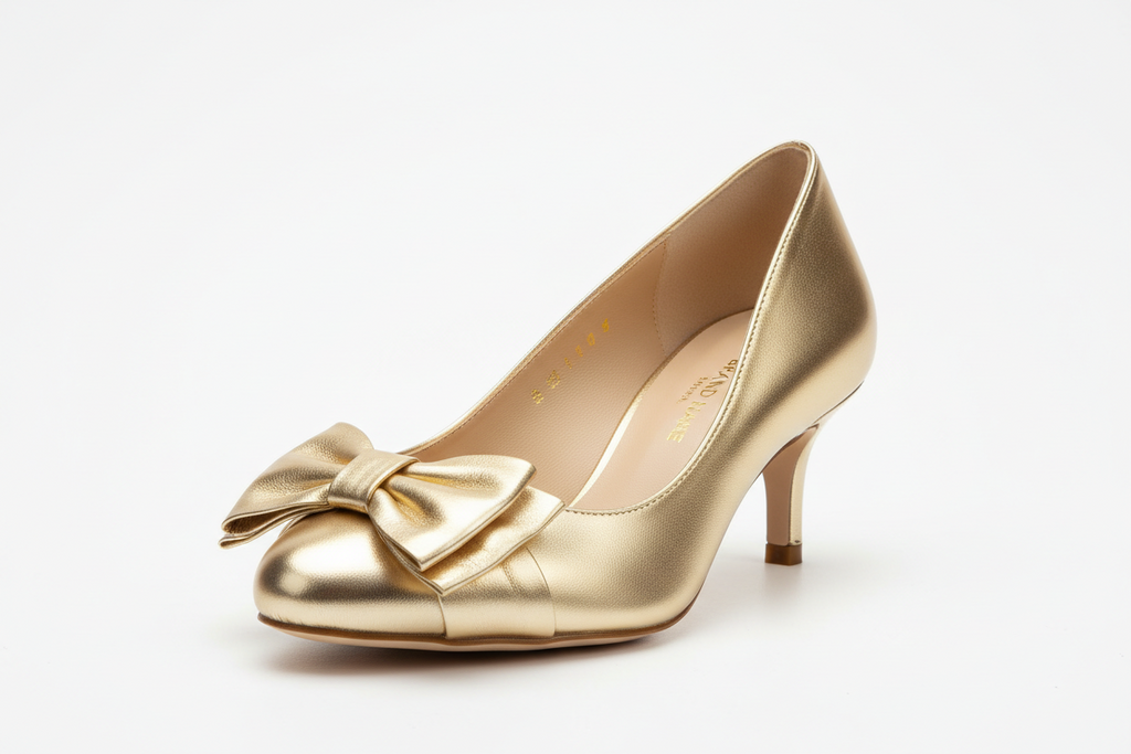 Bow-Detail Leather Kitten Heel Pump