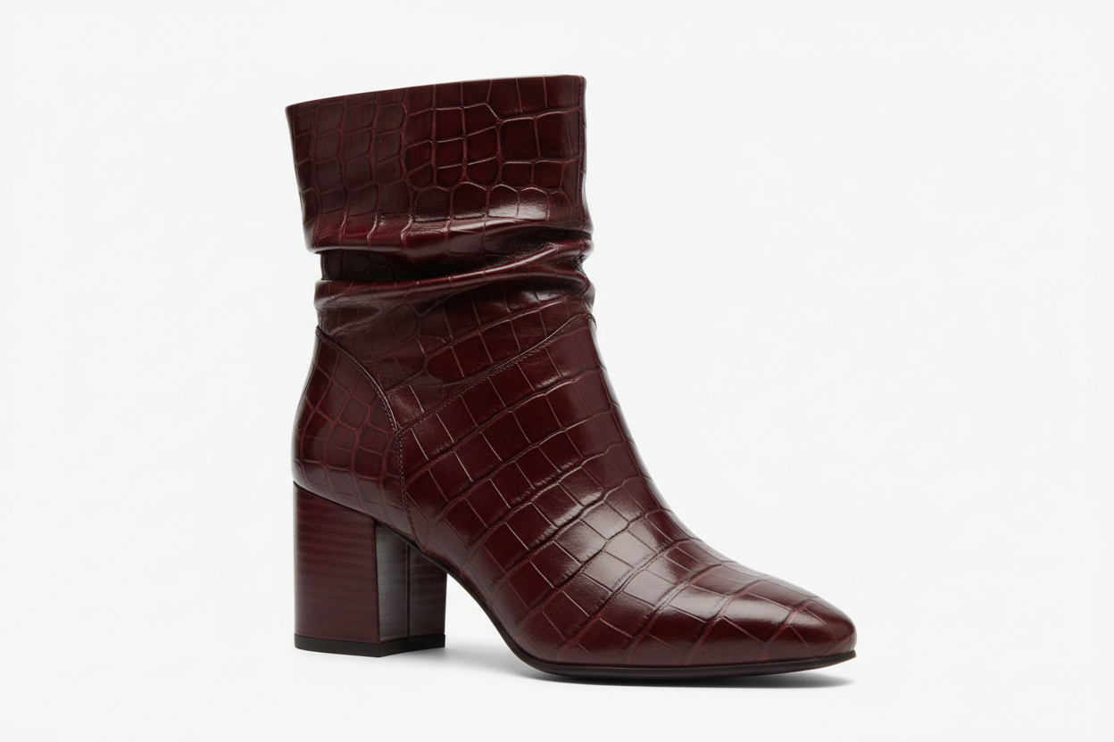 Croc-Embossed Leather Ankle Slouch Boot