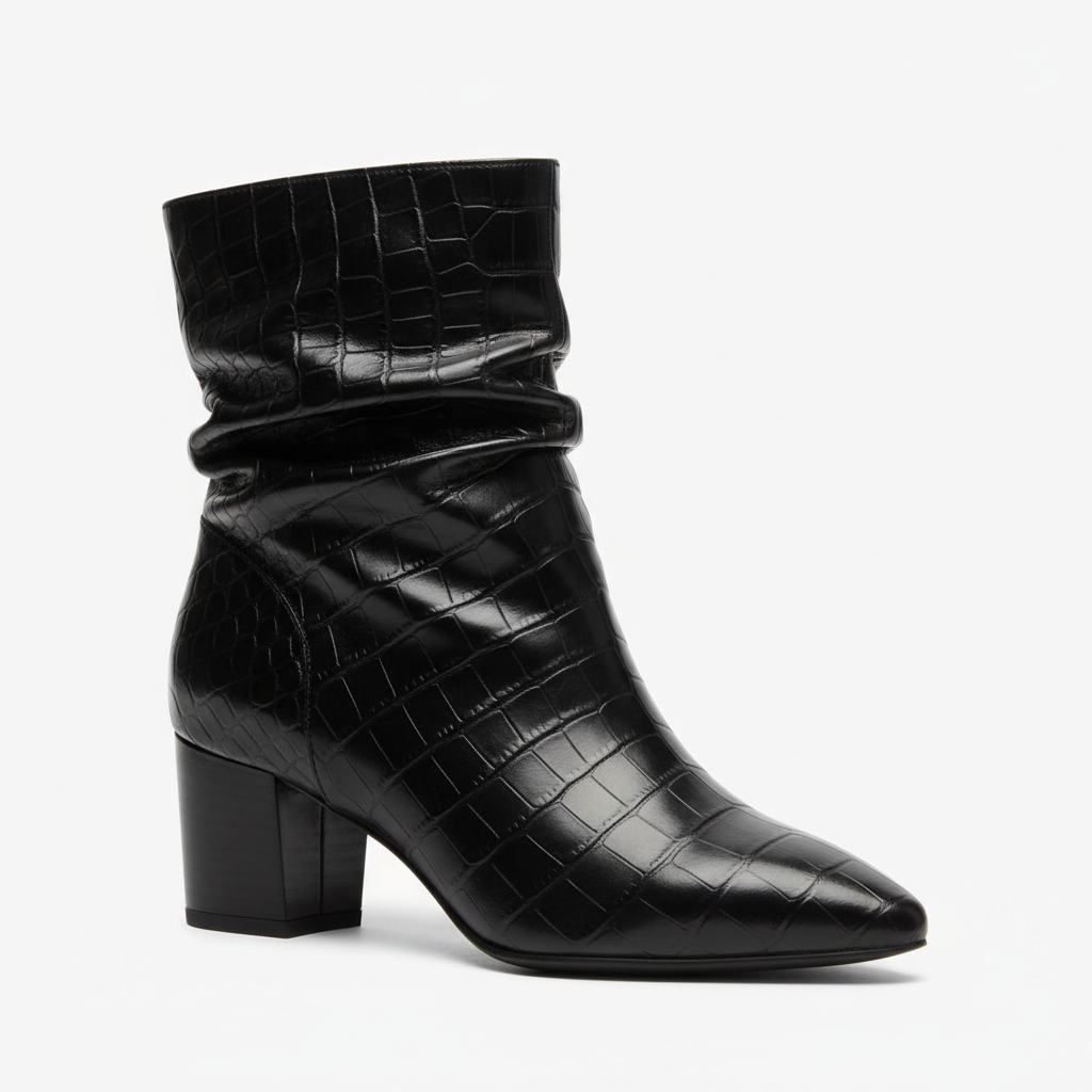 Croc-Embossed Leather Ankle Slouch Boot