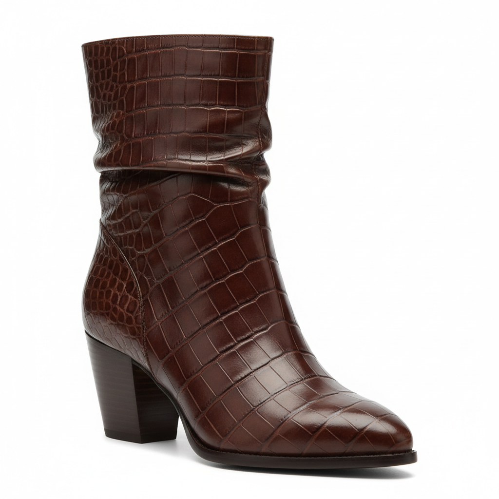 Croc-Embossed Leather Ankle Slouch Boot