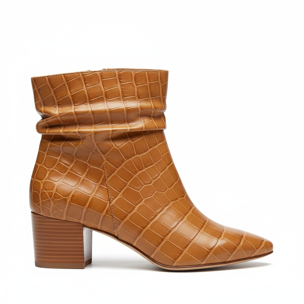 Croc-Embossed Leather Ankle Slouch Boot