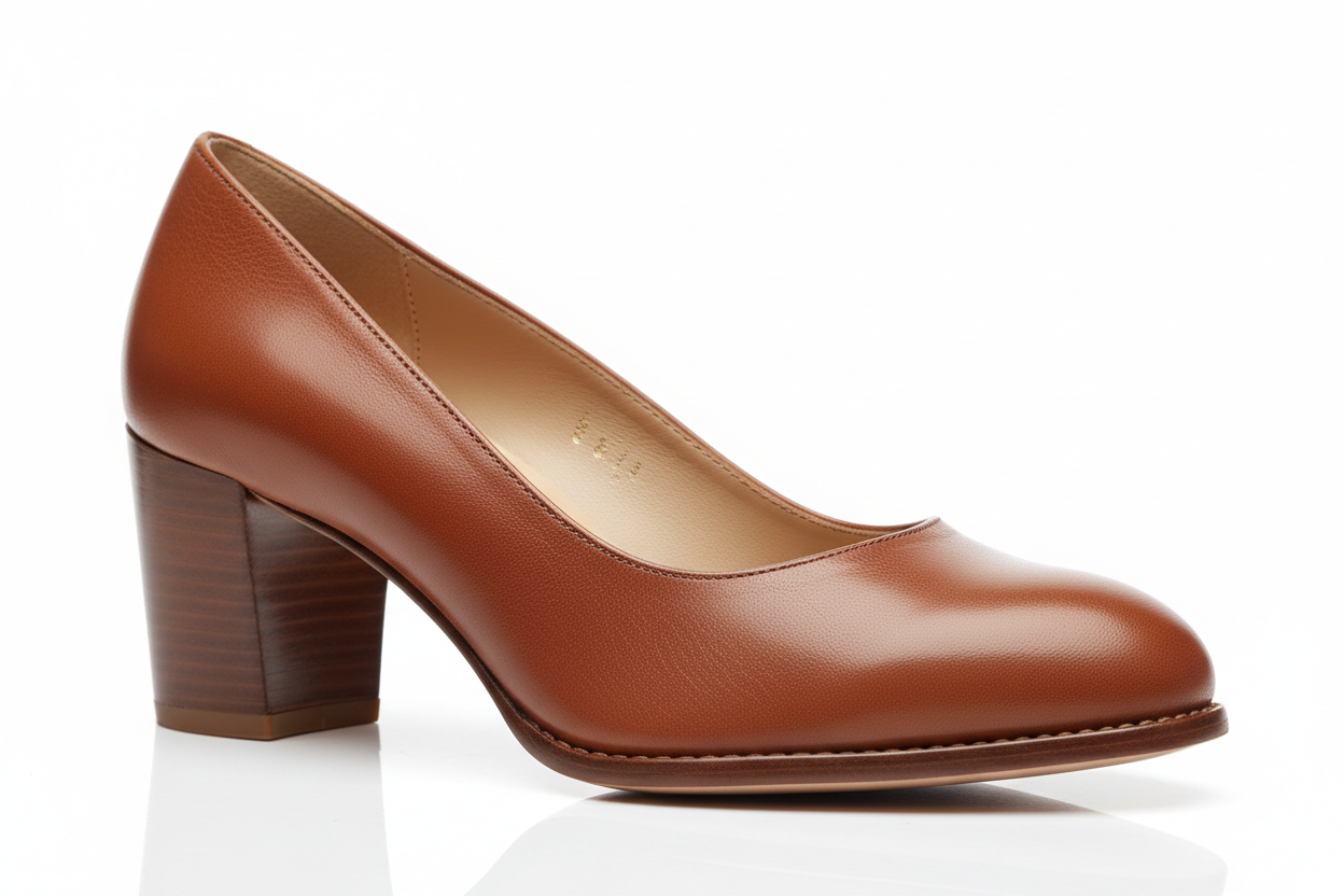 Leather Almond-Toe Vintage Block Heel Pump