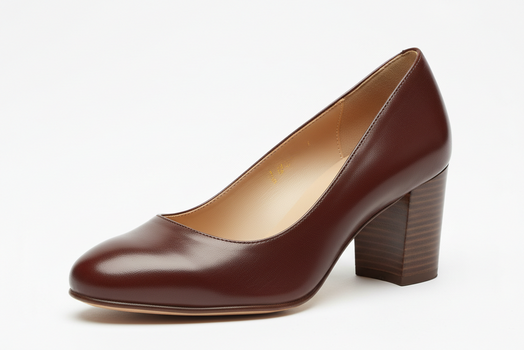 Leather Almond-Toe Vintage Block Heel Pump