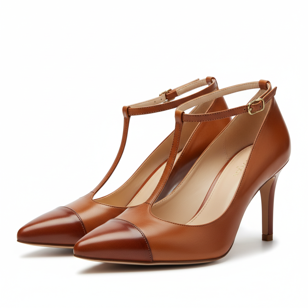 Two-Tone Leather T-Strap Pointed Pump