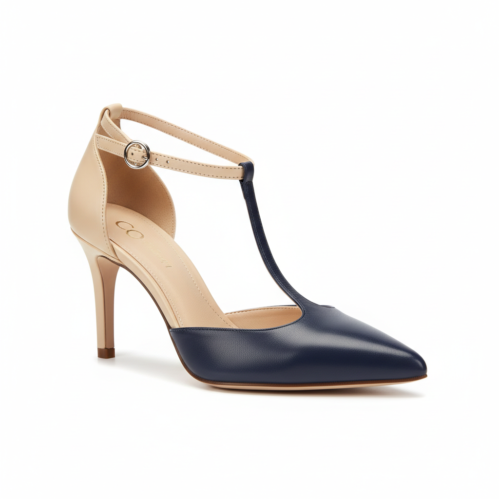 Two-Tone Leather T-Strap Pointed Pump