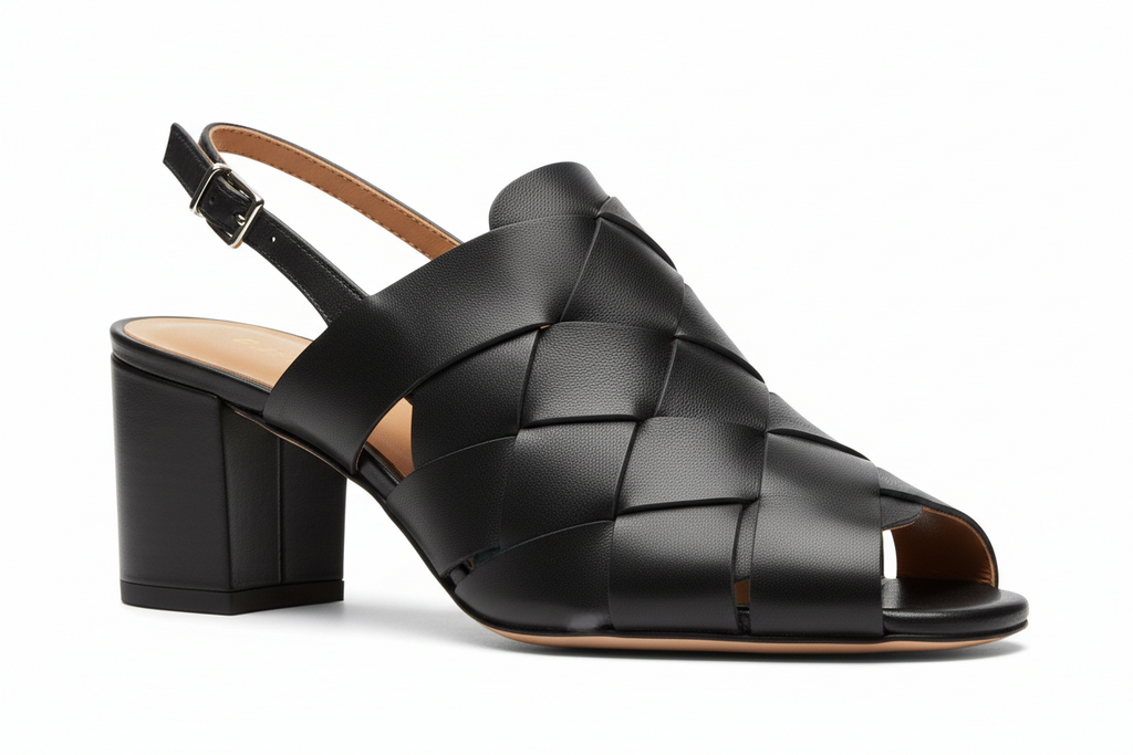 Woven Leather Slingback Block Heel