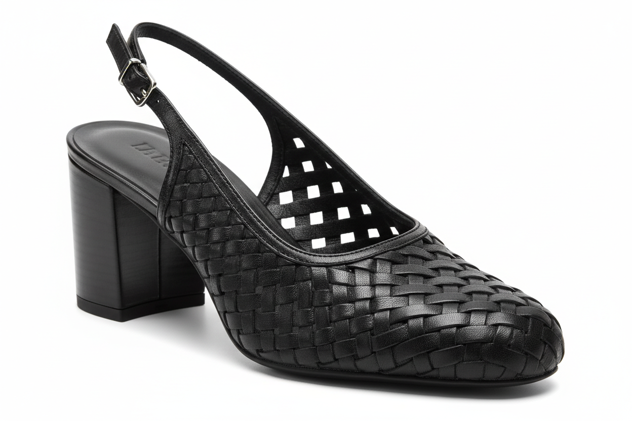 Woven Leather Slingback Block Heel