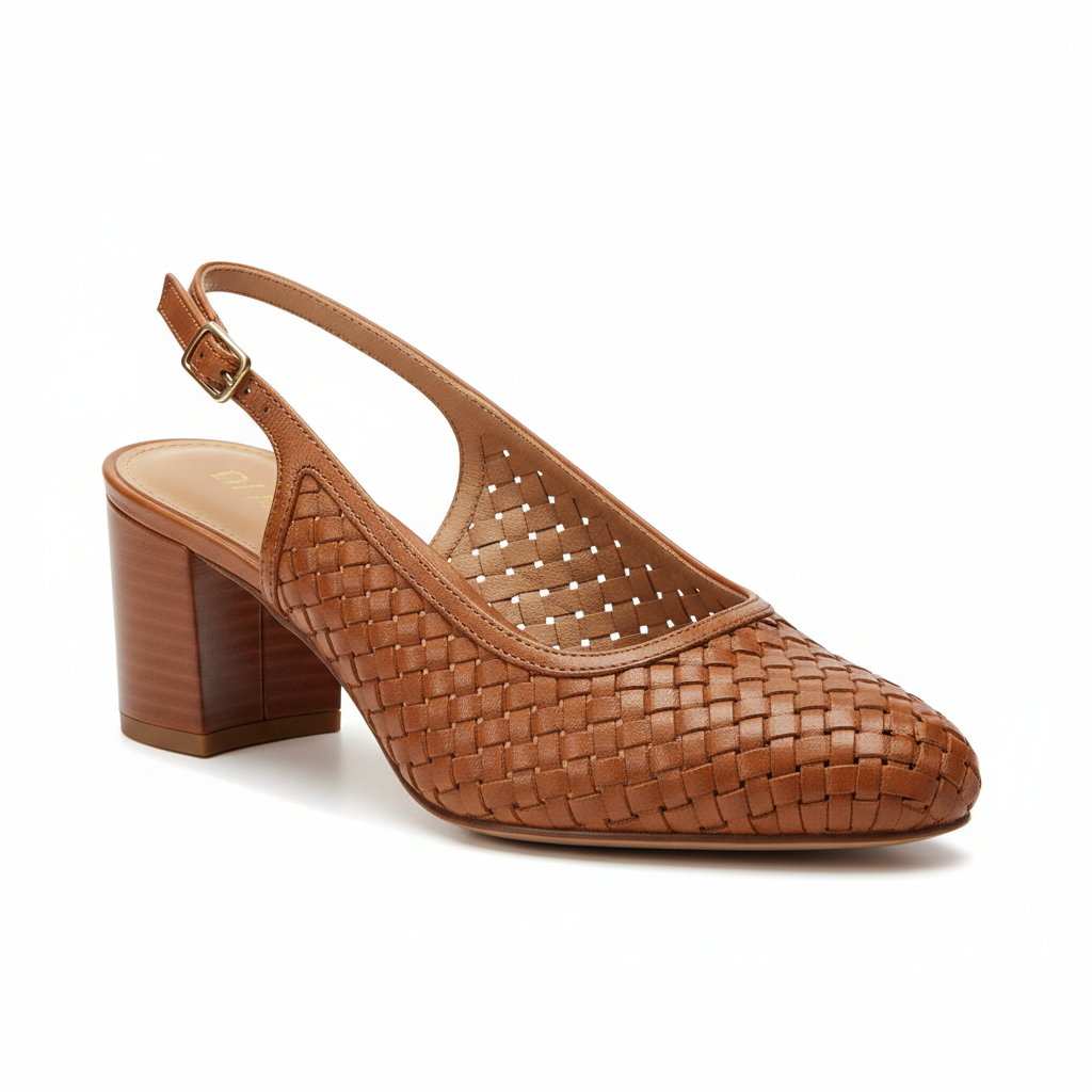 Woven Leather Slingback Block Heel