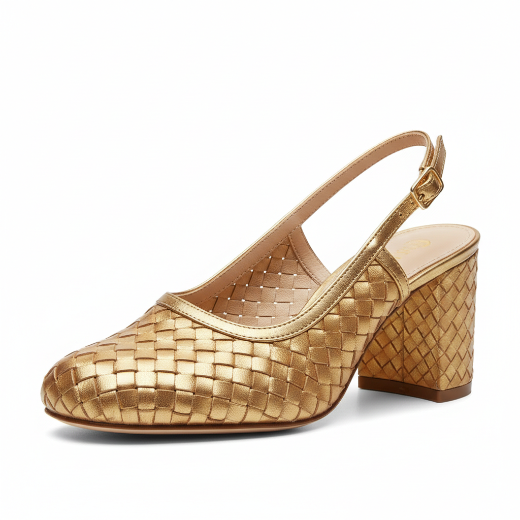 Woven Leather Slingback Block Heel
