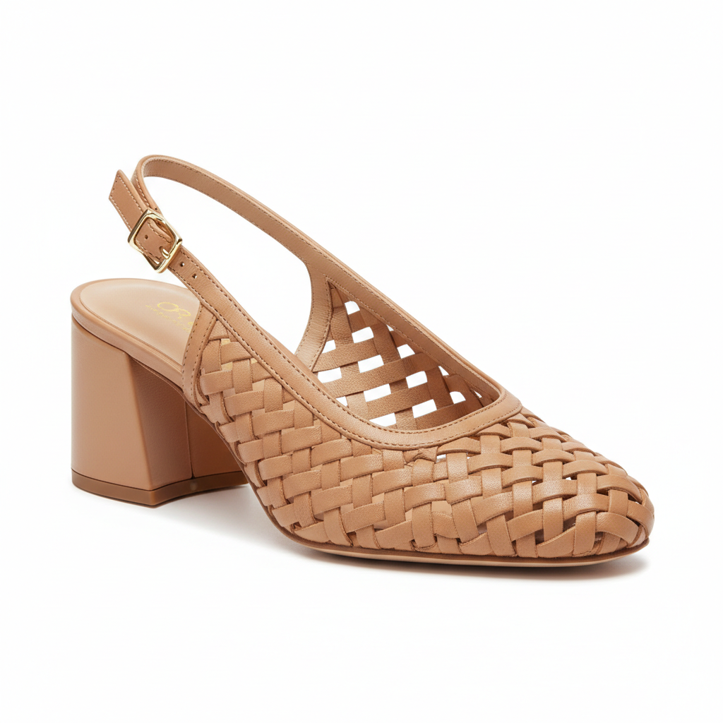Woven Leather Slingback Block Heel